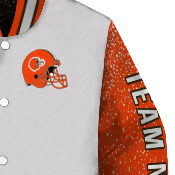 custom cleveland browns speckled arms brown gray varsity jacket premium grade.webp