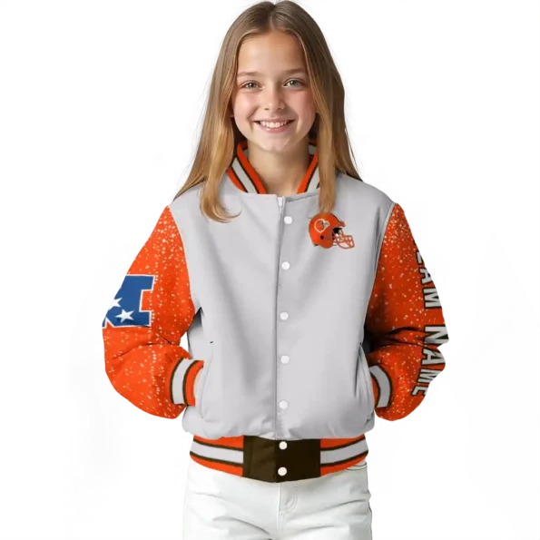 custom cleveland browns speckled arms brown gray varsity jacket top rated.webp