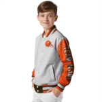 custom cleveland browns speckled arms brown gray varsity jacket best selling.webp