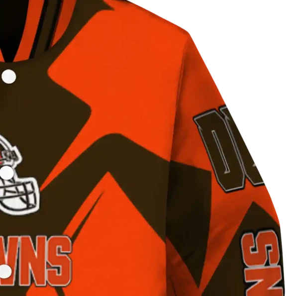 custom cleveland browns spider mark brown crocs varsity jacket premium grade.webp