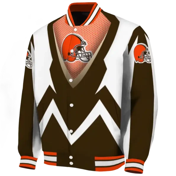 custom cleveland browns v stripes brown white varsity jacket best selling.webp