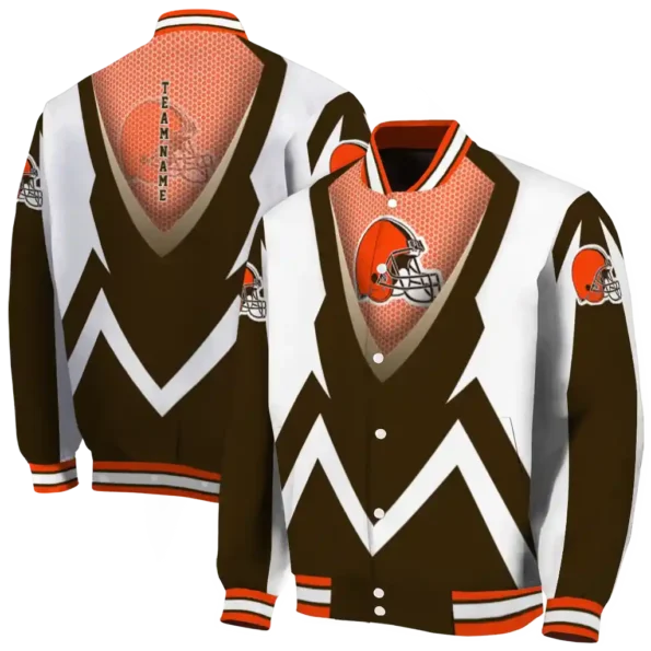 custom cleveland browns v stripes brown white varsity jacket fashion forward.webp
