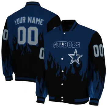 custom dallas cowboys flame border blue black varsity jacket fashion forward.webp