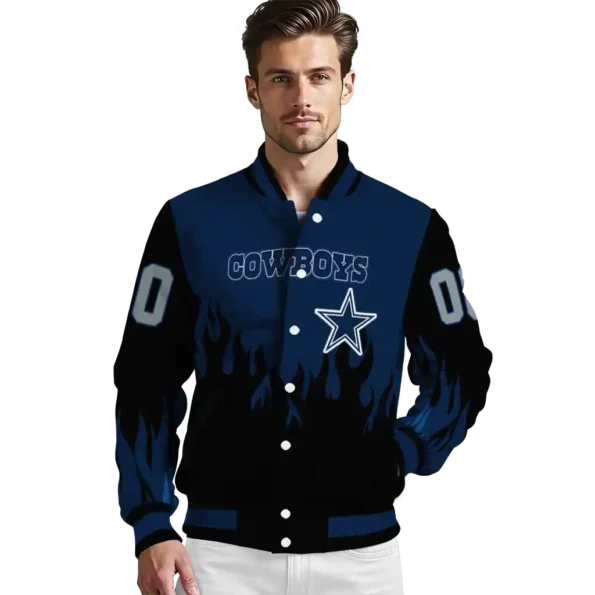 custom dallas cowboys flame border blue black varsity jacket high quality.webp