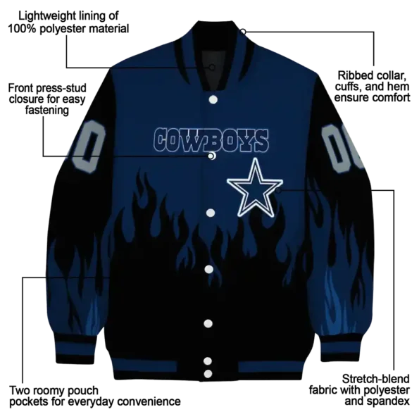 custom dallas cowboys flame border blue black varsity jacket new arrival.webp