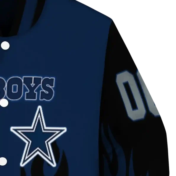 custom dallas cowboys flame border blue black varsity jacket premium grade.webp