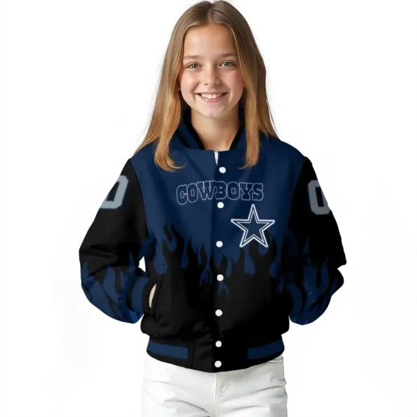 custom dallas cowboys flame border blue black varsity jacket top rated.webp