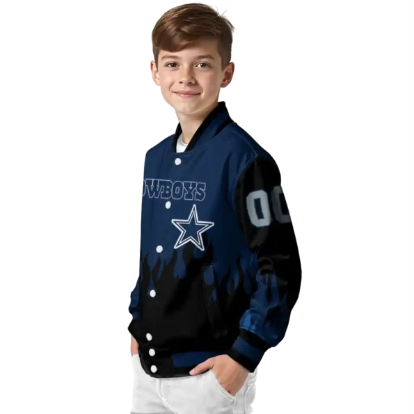 custom dallas cowboys flame border blue black varsity jacket trendy.webp
