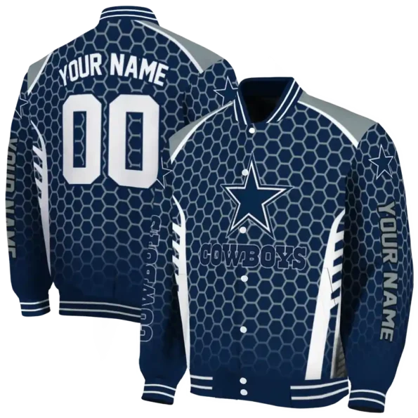 custom dallas cowboys hexagon grid blue varsity jacket fashion forward.webp
