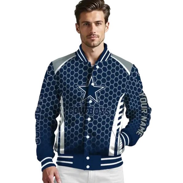 custom dallas cowboys hexagon grid blue varsity jacket high quality.webp