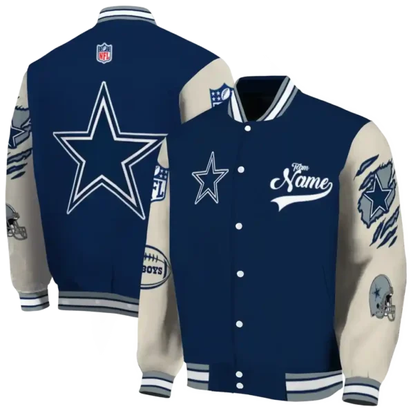 custom dallas cowboys razorback outline blue nude varsity jacket fashion forward.webp