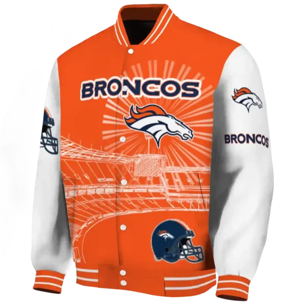 custom denver broncos ferris arena orange white varsity jacket best selling.webp