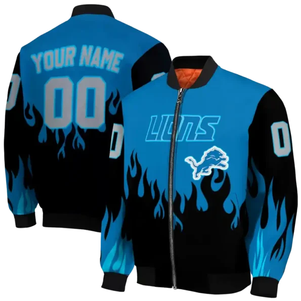 custom detroit lions flame border blue black bomber jacket fashion forward