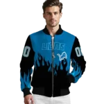custom detroit lions flame border blue black bomber jacket best selling