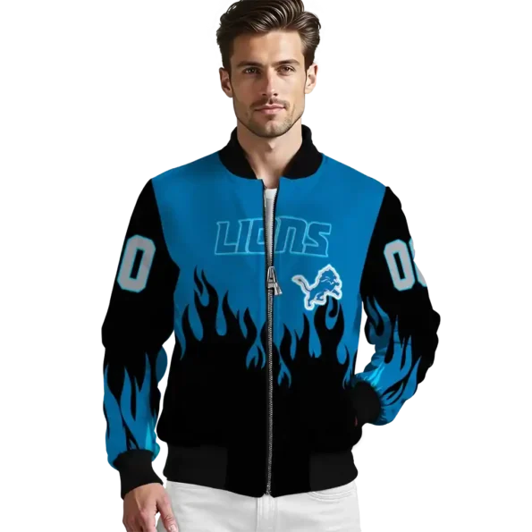 custom detroit lions flame border blue black bomber jacket high quality
