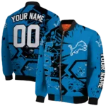 custom detroit lions hexagon cluster blue black bomber jacket best selling
