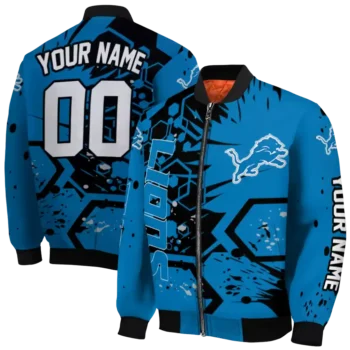 custom detroit lions hexagon cluster blue black bomber jacket fashion forward