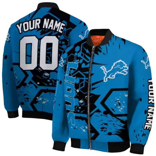 custom detroit lions hexagon cluster blue black bomber jacket fashion forward