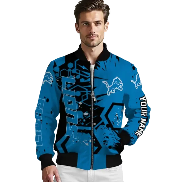 custom detroit lions hexagon cluster blue black bomber jacket high quality