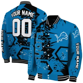 custom detroit lions hexagon cluster blue black varsity jacket fashion forward.webp