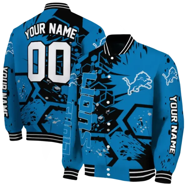 custom detroit lions hexagon cluster blue black varsity jacket fashion forward.webp