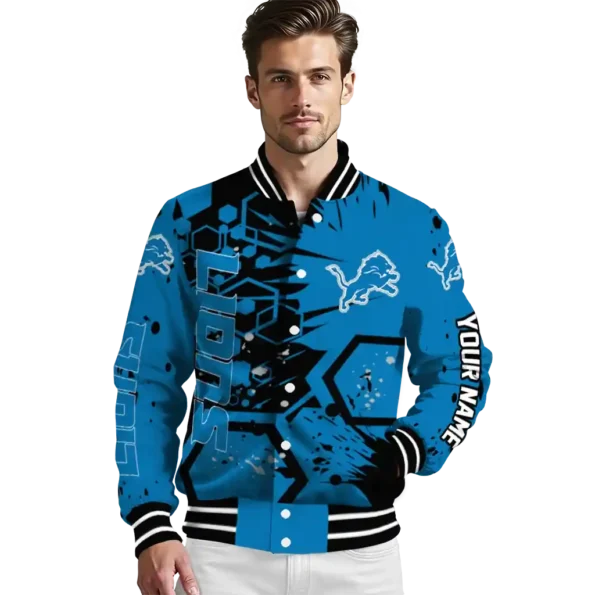 custom detroit lions hexagon cluster blue black varsity jacket high quality.webp