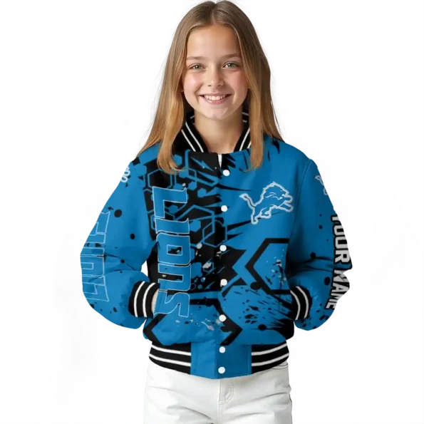 custom detroit lions hexagon cluster blue black varsity jacket top rated.webp