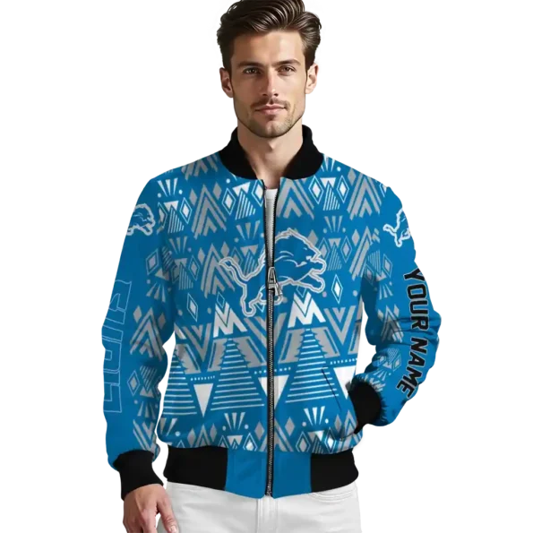 custom detroit lions pyramid shapes blue bomber jacket high quality