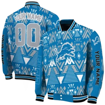 custom detroit lions pyramid shapes blue varsity jacket fashion forward.webp