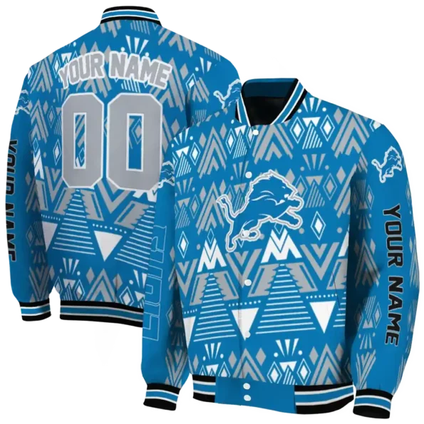 custom detroit lions pyramid shapes blue varsity jacket fashion forward.webp