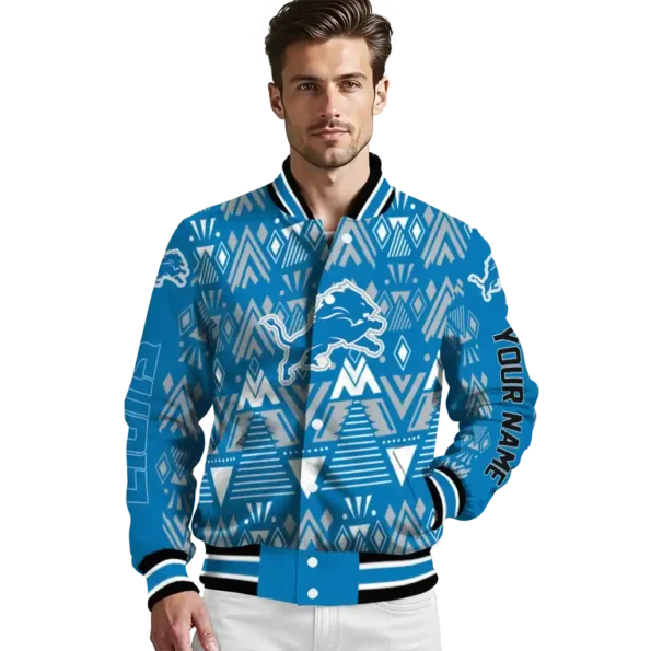 custom detroit lions pyramid shapes blue varsity jacket high quality.webp