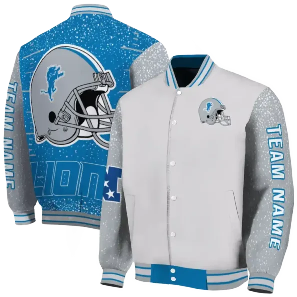 custom detroit lions speckled arms blue gray varsity jacket fashion forward.webp