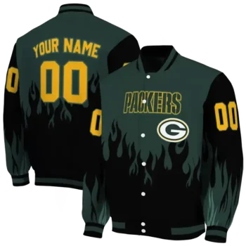 custom green bay packers flame border green black varsity jacket fashion forward.webp
