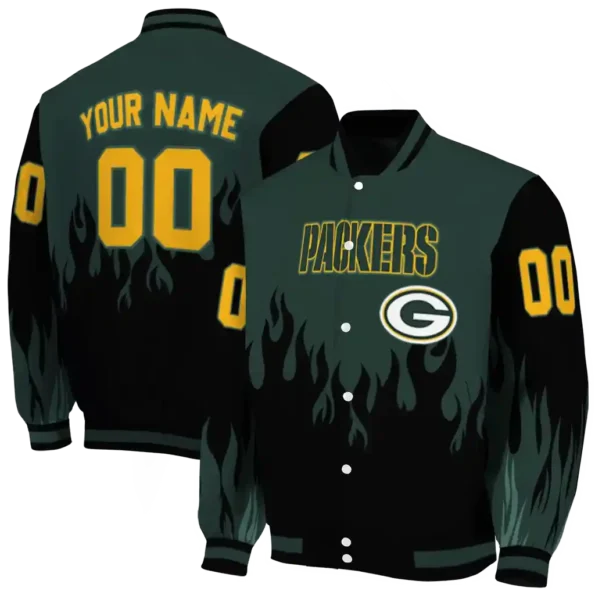 custom green bay packers flame border green black varsity jacket fashion forward.webp