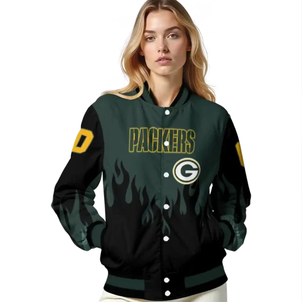 custom green bay packers flame border green black varsity jacket latest model.webp