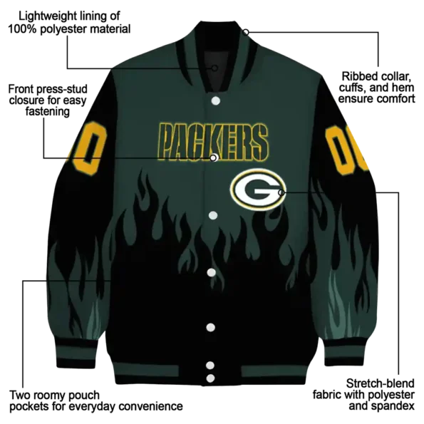custom green bay packers flame border green black varsity jacket new arrival.webp