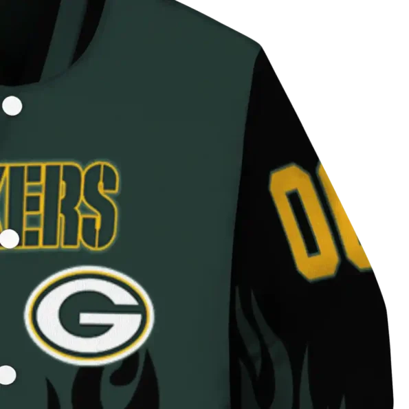 custom green bay packers flame border green black varsity jacket premium grade.webp