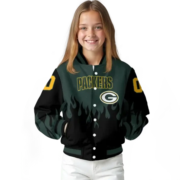custom green bay packers flame border green black varsity jacket top rated.webp