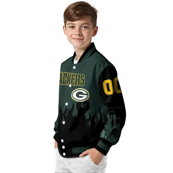 custom green bay packers flame border green black varsity jacket trendy.webp