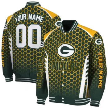 custom green bay packers hexagon grid green varsity jacket fashion forward.webp