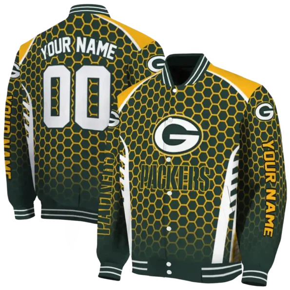 custom green bay packers hexagon grid green varsity jacket fashion forward.webp