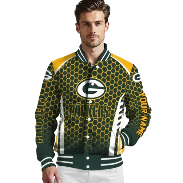 custom green bay packers hexagon grid green varsity jacket high quality.webp