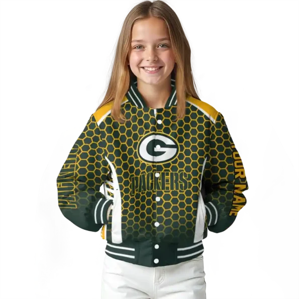 custom green bay packers hexagon grid green varsity jacket top rated.webp