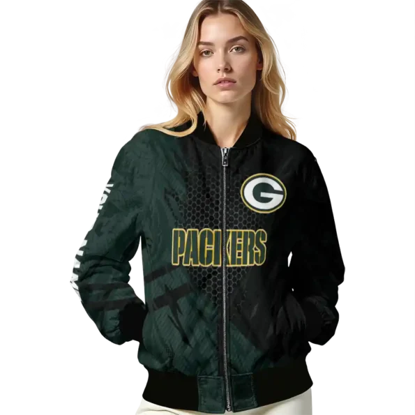custom green bay packers hexagon mesh green black bomber jacket latest model