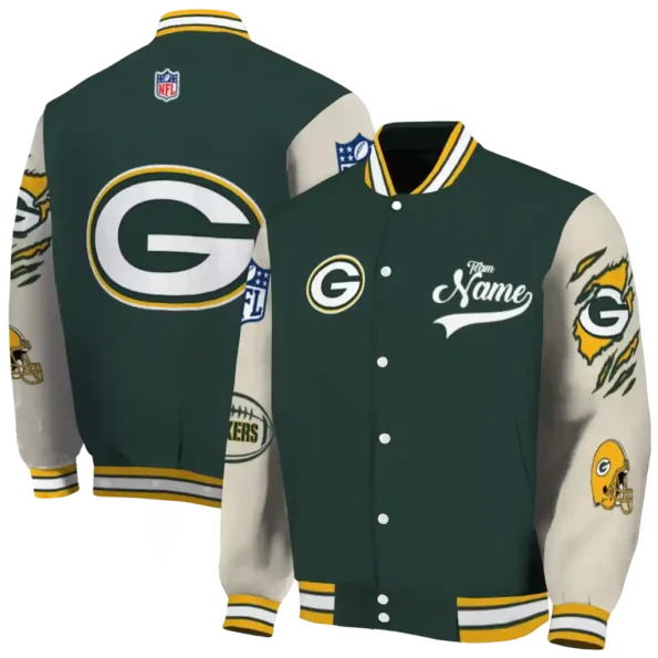 custom green bay packers razorback outline green nude varsity jacket fashion forward.webp