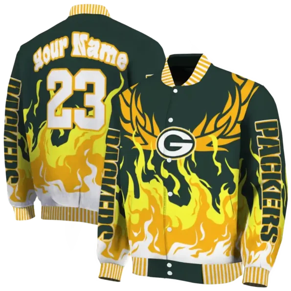 custom green bay packers winged blaze green white varsity jacket fashion forward.webp