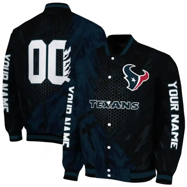 custom houston texans hexagon mesh blue black varsity jacket fashion forward.webp