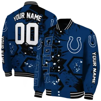 custom indianapolis colts hexagon cluster blue black varsity jacket fashion forward.webp