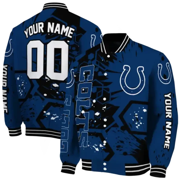 custom indianapolis colts hexagon cluster blue black varsity jacket fashion forward.webp