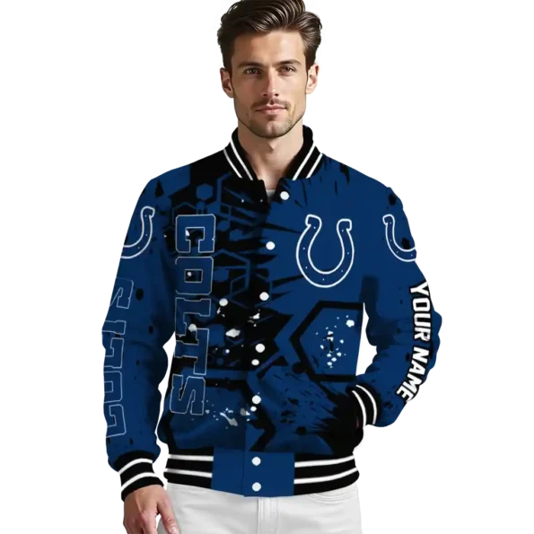 custom indianapolis colts hexagon cluster blue black varsity jacket high quality.webp